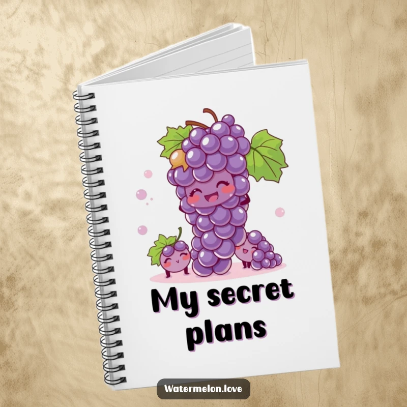 Funny notebook showcasing a giggling bunch of grapes playing hide-and-seek, perfect for jotting down playful thoughts.