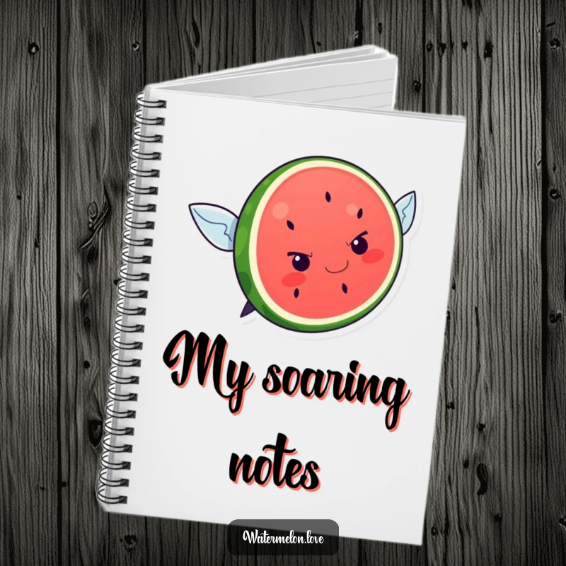 Funny kawaii watermelon slice with a determined expression attempting to fly featured on a humorous notebook for writing.