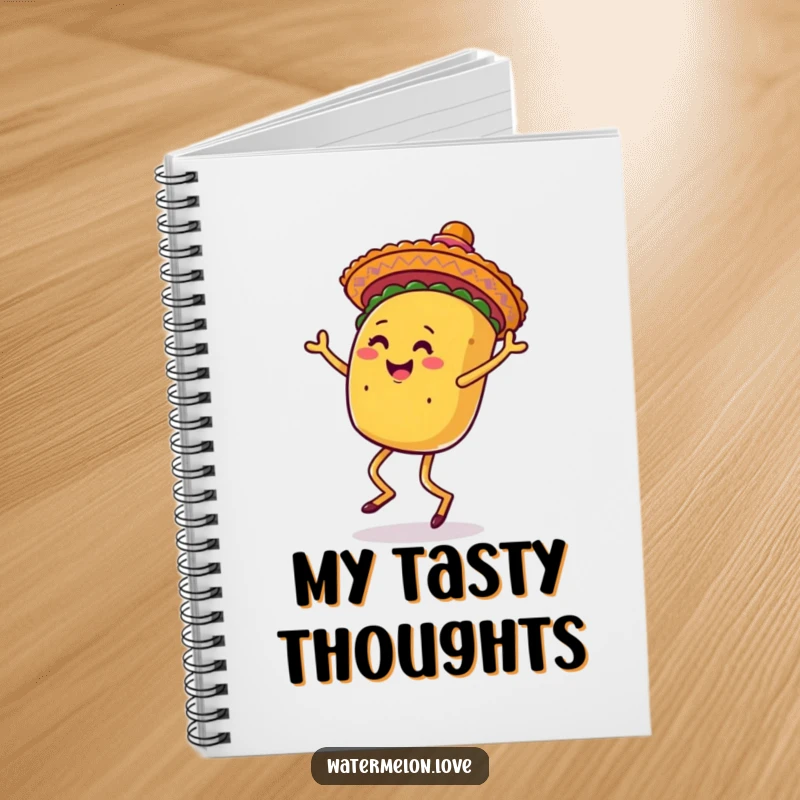 Funny notebook with an anthropomorphic taco dancing under a sombrero, for jotting down funny thoughts.