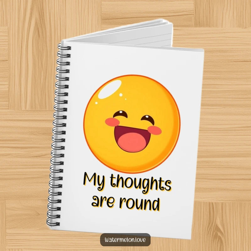 Funny rolling orange notebook, a round fruit character laughing heartily, ready for writing.