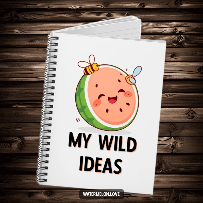 Funny notebook cover featuring a giggling segmented watermelon slice playfully chasing a flying bee, ideal for humorous note-taking.
