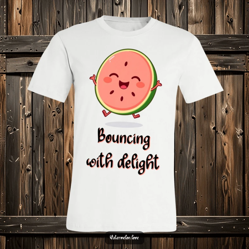 A funny, smiling watermelon slice character shown mid-bounce with pure joy, printed on a fun summer t-shirt.