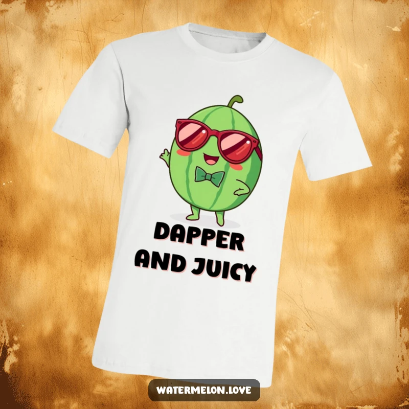 Funny t-shirt showcasing a cheerful Kawaii watermelon wearing sunglasses and a bowtie, striking a confident and stylish pose with fruity charm.