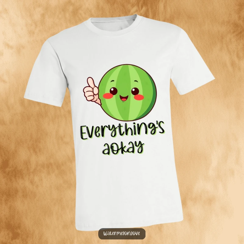 Funny watermelon character with green rind giving a happy thumbs-up, printed on a t-shirt, a humorous and uplifting gift.
