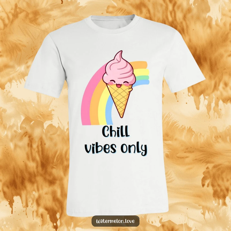 Funny t-shirt showing a winky anthropomorphic ice cream cone sliding down a colorful rainbow, full of sugary joy.