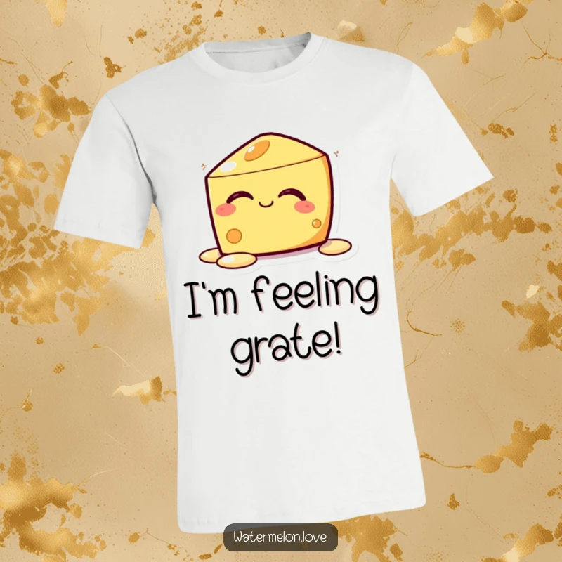 Funny Kawaii Melting Cheese T-Shirt: A joyful cheese character eyes closed in bliss, smoothly melting with contentment.
