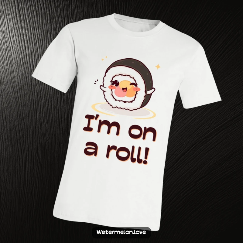 Funny Kawaii Sushi Roll T-Shirt: A happy sushi roll character winking mischievously while in motion, full of playful energy.