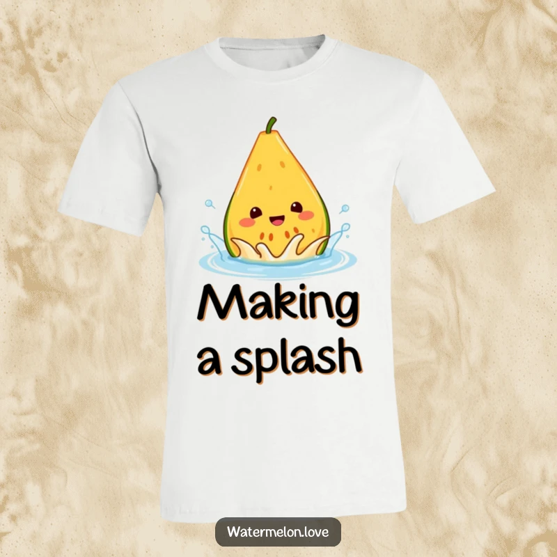 Funny melon t-shirt, depicting a happy anthropomorphic wedge splashing with delight in a water droplet, ideal for summer wear.
