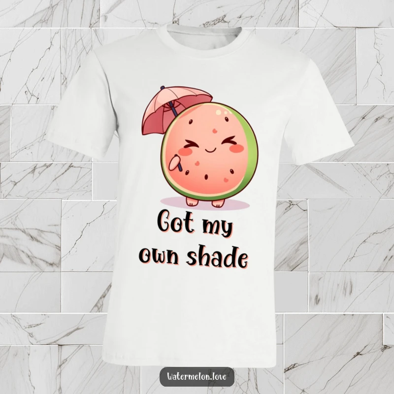 Funny Kawaii watermelon slice t-shirt winking and holding a tiny umbrella, radiating mischievous summer vibes.