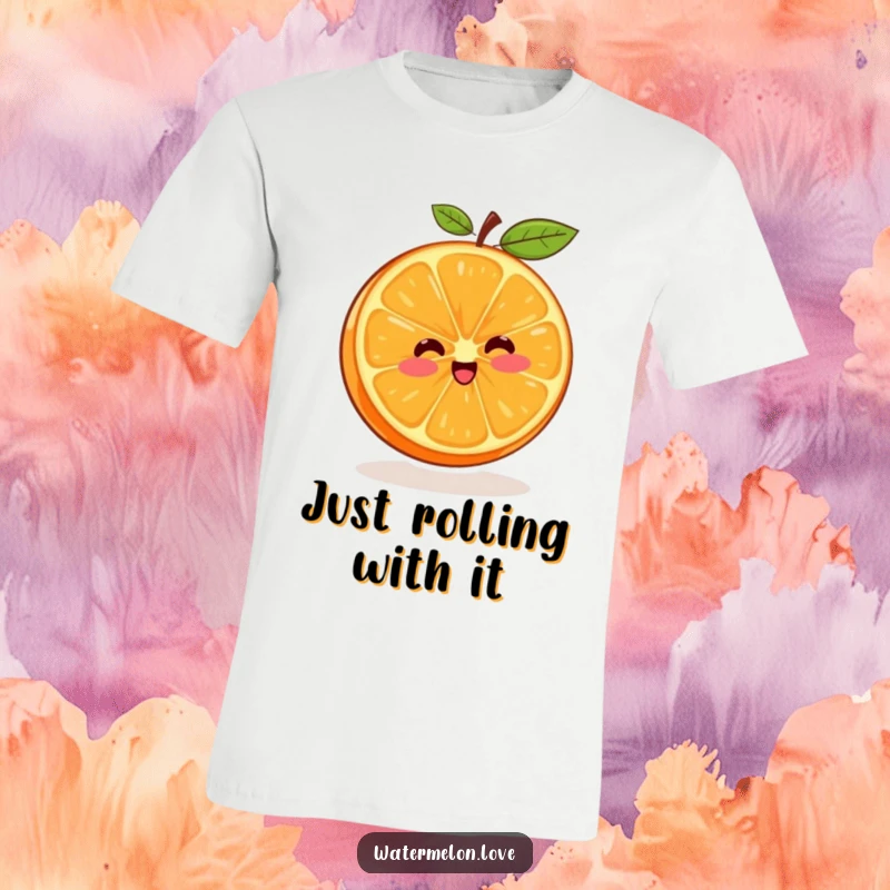 Funny t-shirt featuring a happy, vibrant orange segment actively engaged in a delightful spinning motion.