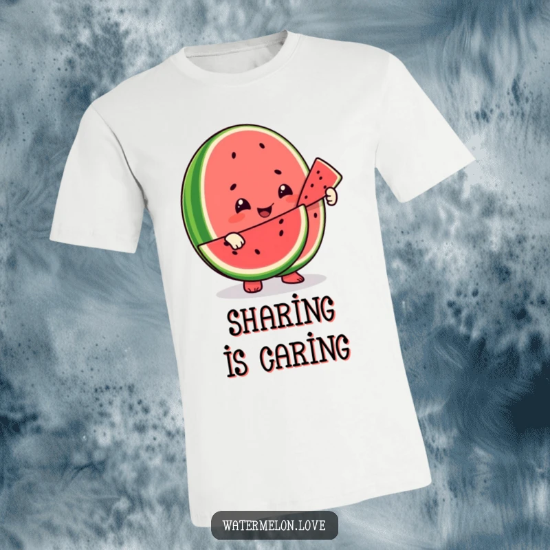 Funny t-shirt featuring a smiling watermelon character offering a piece of itself to another fruit, highlighting kindness and community.