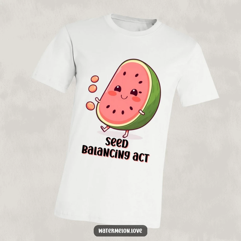 Funny Watermelon T-Shirt: A smiling, anthropomorphic slice of watermelon energetically juggling its seeds, radiating summer fun.