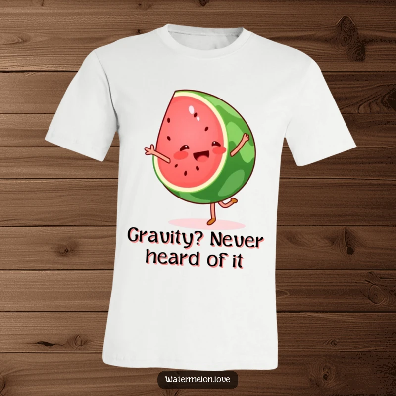 Funny watermelon wedge t-shirt capturing a lively cartwheel, bursting with fruity fun and infectious energy.
