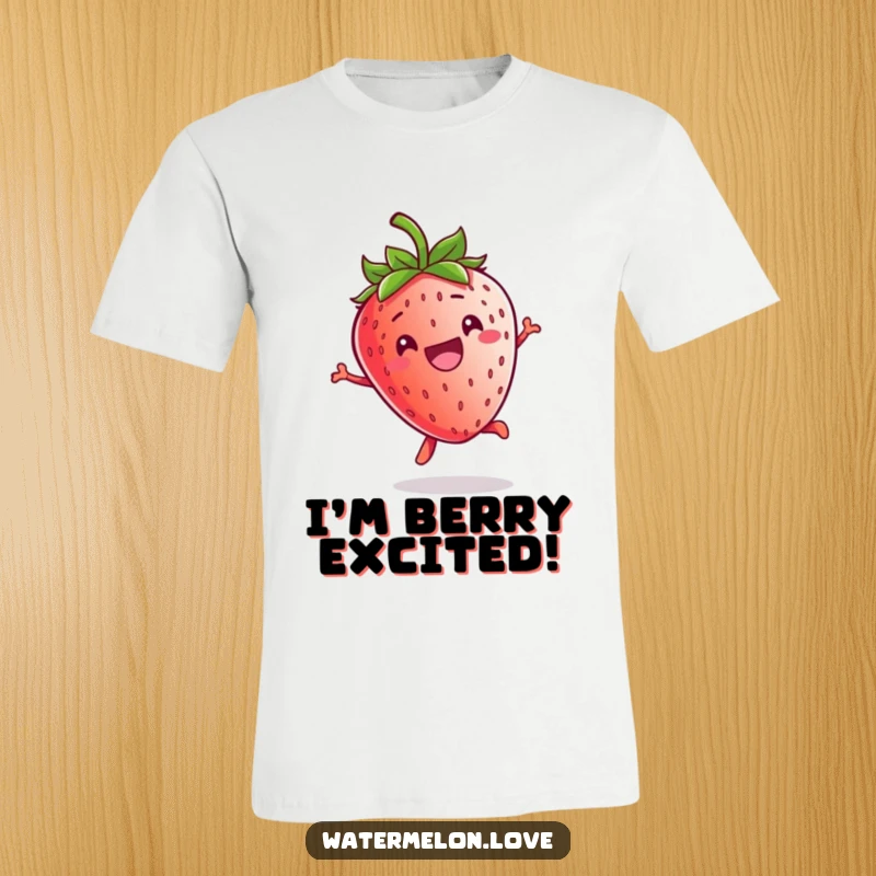 Funny Kawaii Strawberry T-Shirt: A cheerful strawberry character in mid-air jump, showcasing pure delight and playful energy.