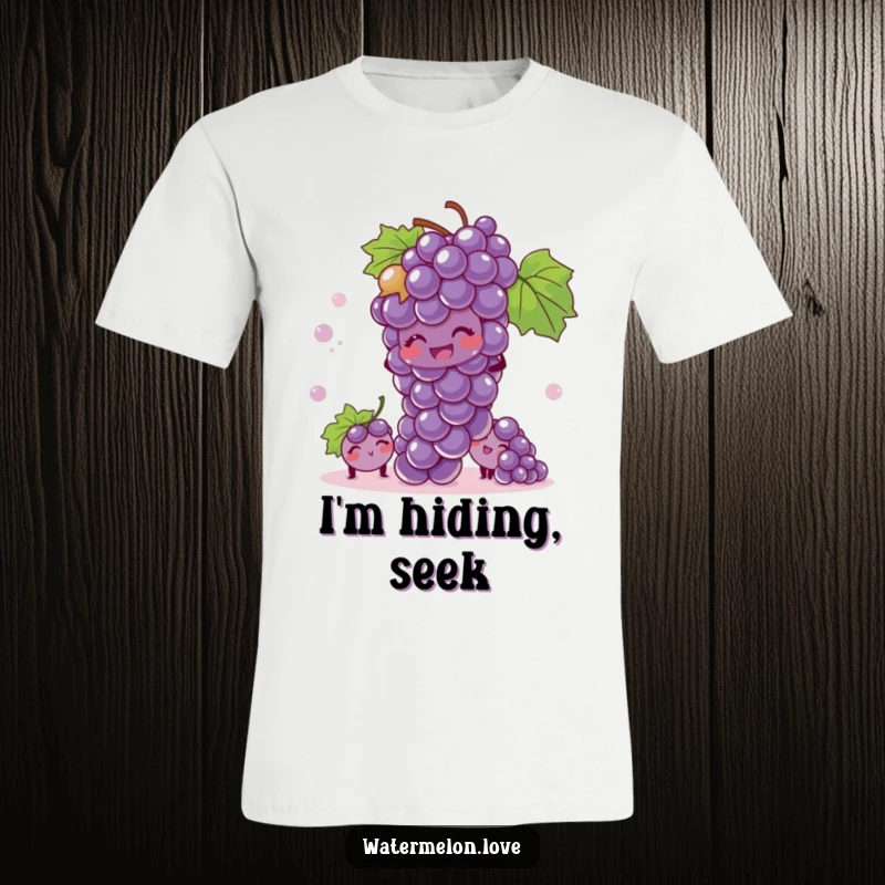 Funny t-shirt with a giggling bunch of grapes playing hide-and-seek, embodying joyful mischief and fun.