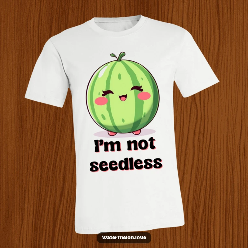 Funny winking watermelon t-shirt, a whole fruit character with a playful wink and a lively bounce.