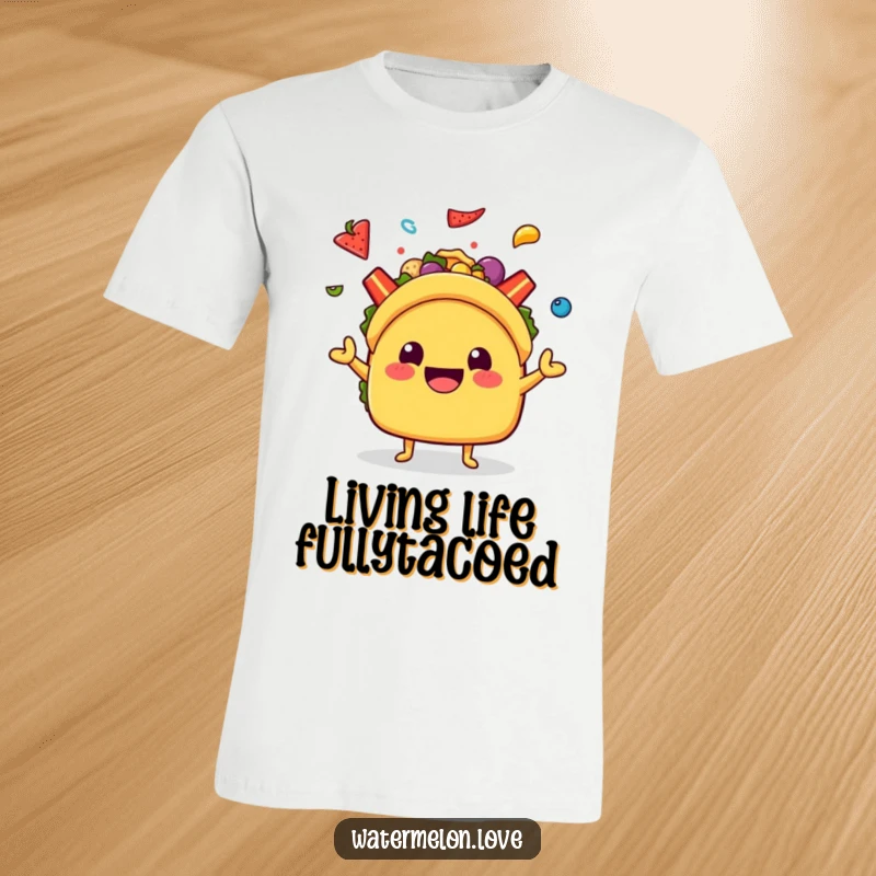 Funny Kawaii Taco T-Shirt: A happy taco character juggling various colorful toppings, radiating a festive and joyful mood.