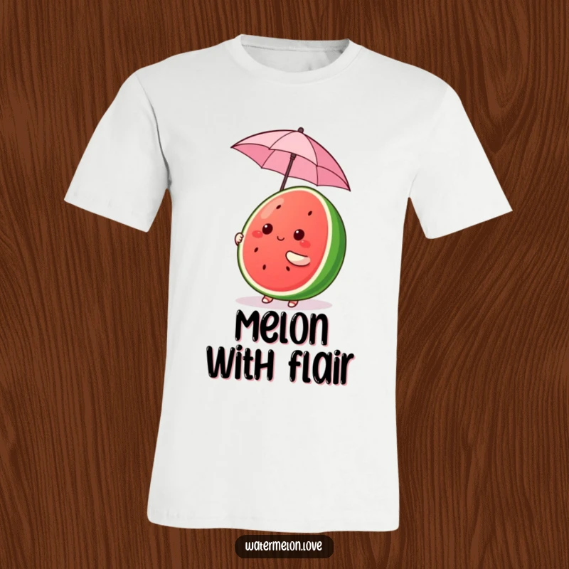 Funny Kawaii Watermelon T-Shirt, cute fruit character comically balancing a tiny umbrella, cheerful and funny gift.