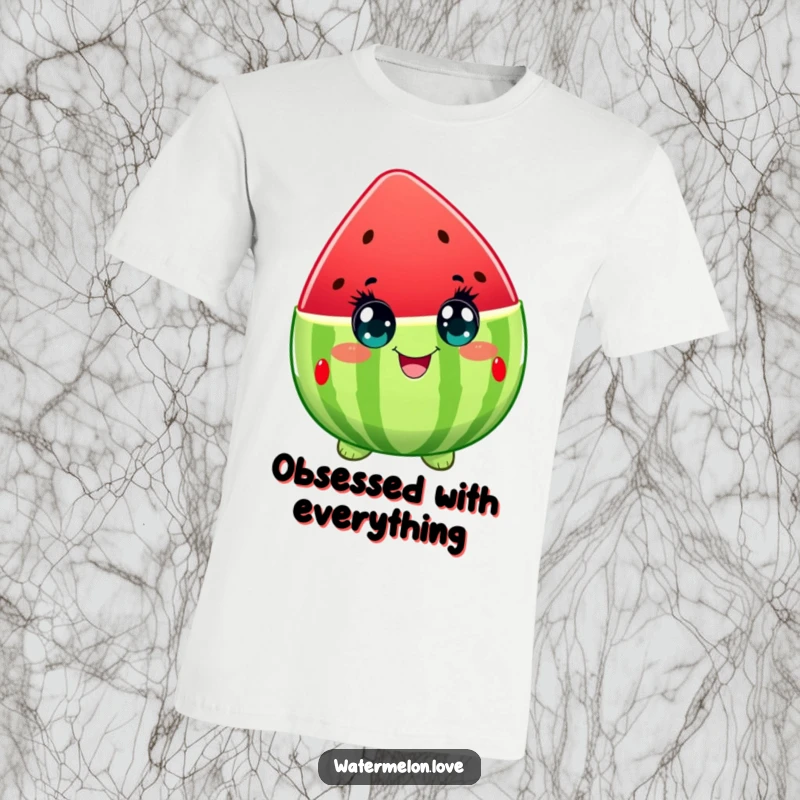 Funny t-shirt showcasing a watermelon character with eyes wide with delight, radiating infectious happiness and pure, unadulterated bliss.
