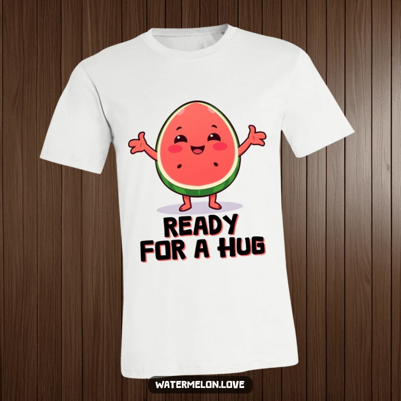 Funny Kawaii watermelon wedge t-shirt, featuring a cute character with arms outstretched giving a heartwarming hug.