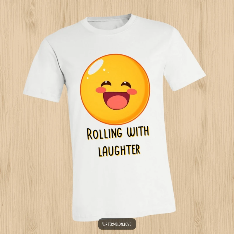 Funny rolling orange t-shirt, a round fruit character laughing heartily while tumbling.