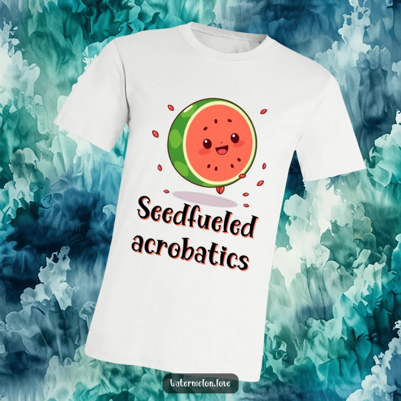 Funny t-shirt featuring a round Kawaii watermelon character mid-cartwheel, seeds scattering dynamically, showcasing a vibrant and athletic fruity personality.