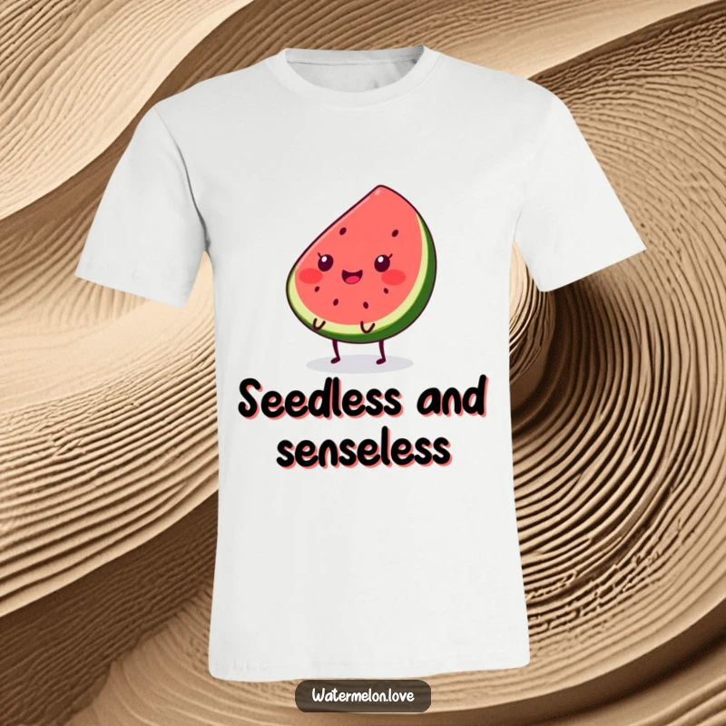 Funny Kawaii watermelon slice t-shirt featuring a cute character with tiny legs happily bouncing, perfect for casual wear and gifts.