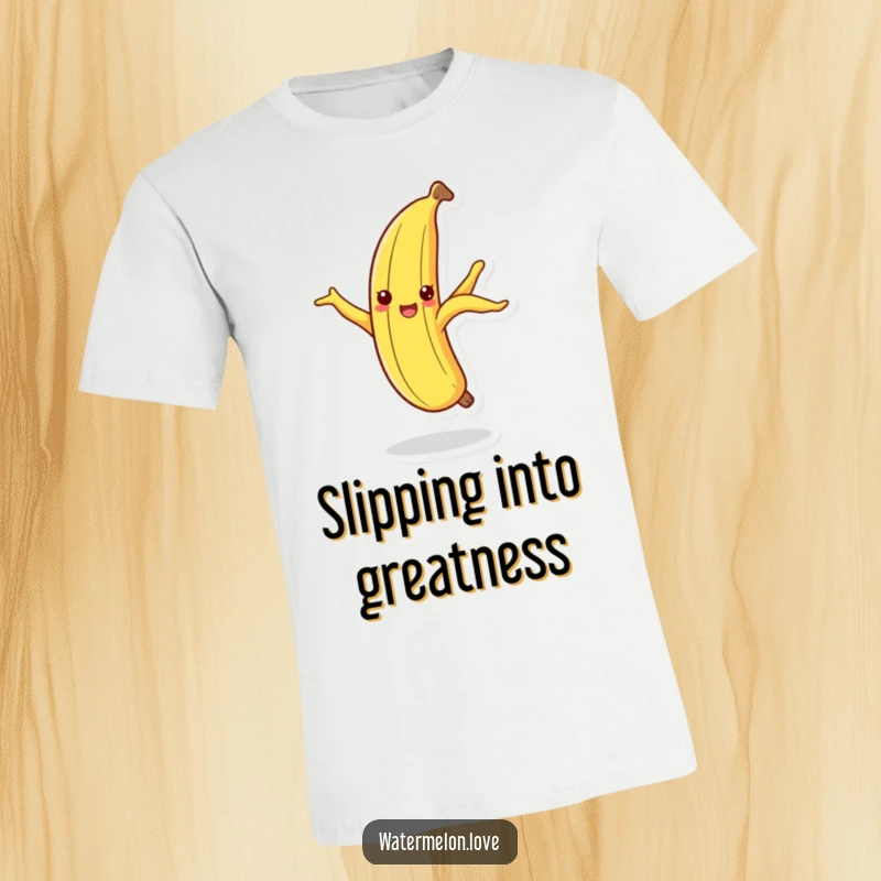 Funny dancing banana peel t-shirt, a cheerful fruit peel in a silly dance on its tip.