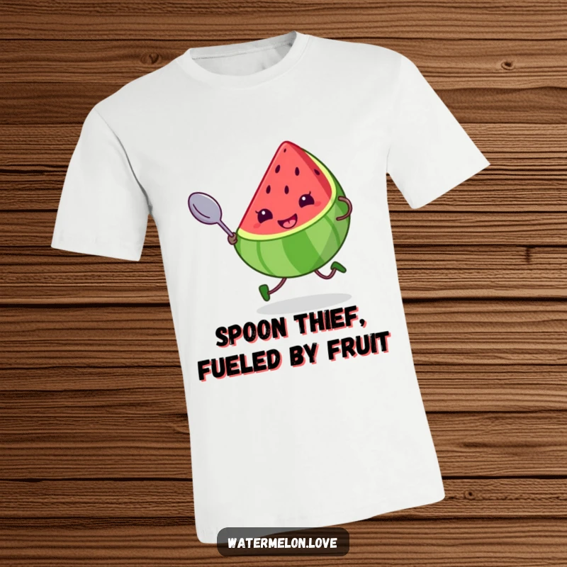 Funny t-shirt displaying a kawaii watermelon slice with a cheeky grin, sprinting with a massive spoon, a comical and vibrant graphic tee.