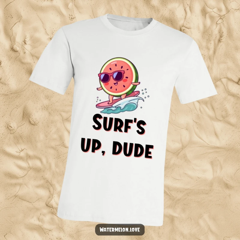 Funny kawaii watermelon slice with sunglasses surfing on a tiny wave, a humorous and stylish t-shirt.
