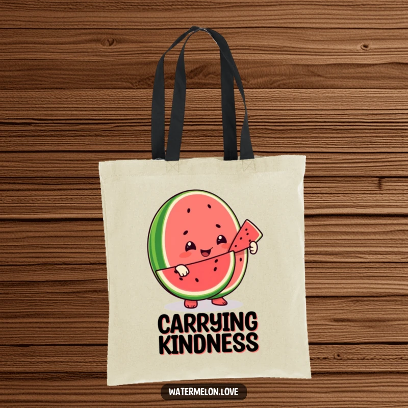 Funny tote bag with a smiling watermelon character sharing a slice with another fruit, promoting themes of friendship and generosity.