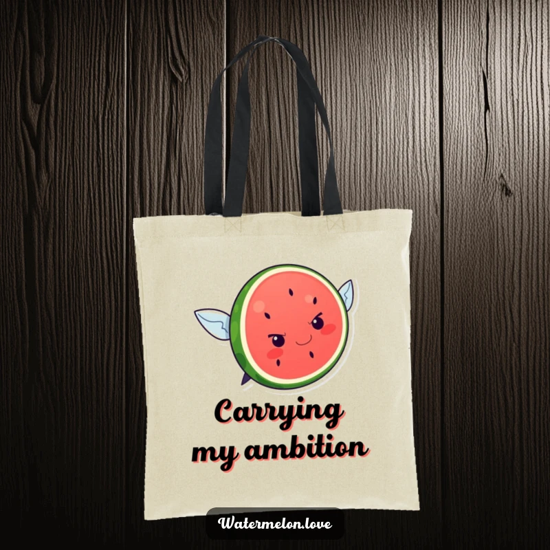 Funny kawaii watermelon slice with a determined expression attempting to fly, printed on a durable and humorous tote bag.