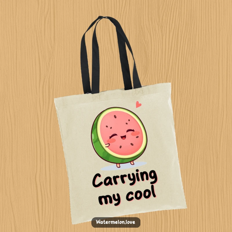 Funny watermelon tote bag, a wobbly slice with closed eyes, enjoying a cool breeze, great for shopping or daily errands.