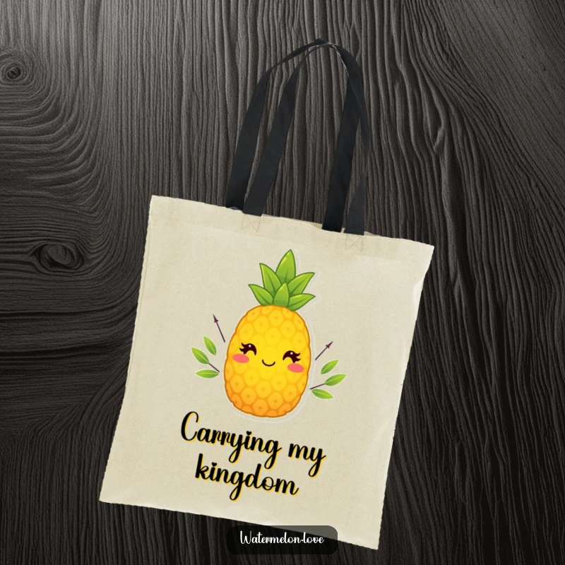 Funny Pineapple Tote Bag with a tiny leafy crown, perfect for carrying essentials with tropical flair.