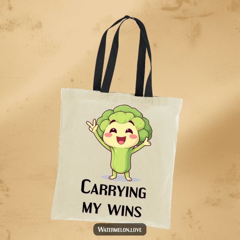 Funny Tote Bag: Broccoli character in a victory pose, promoting health and success, a cheerful funny gift.