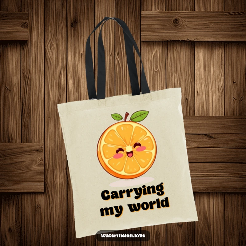 Funny tote bag featuring a happy orange segment in a constant, joyful spinning motion, ideal for errands.