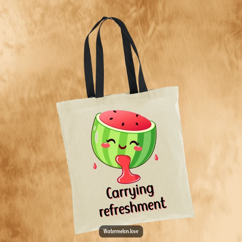 Funny stylized, smiling watermelon dripping happy juice drops, printed on a durable tote bag.