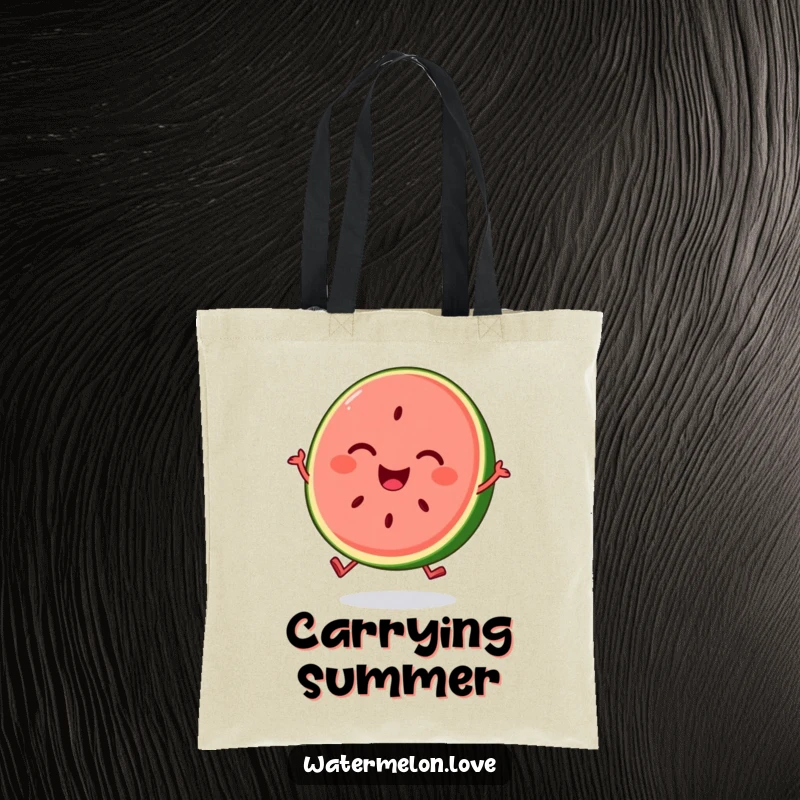 A funny, smiling watermelon slice character bouncing with joy, featured on a practical and cheerful tote bag.