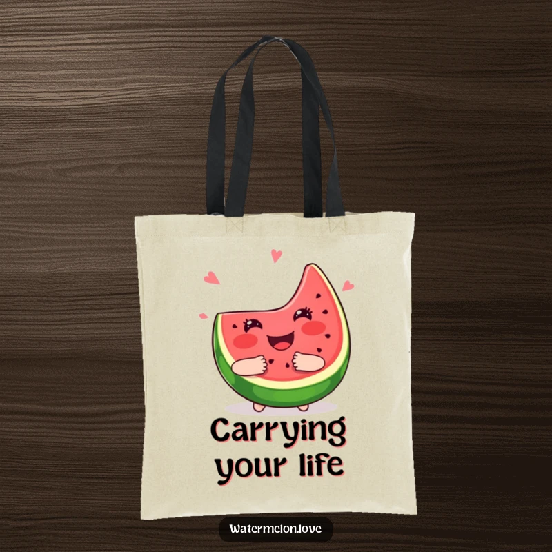 Funny kawaii watermelon slice tote bag, beaming with a big smile and giving a juicy hug, durable and cute.