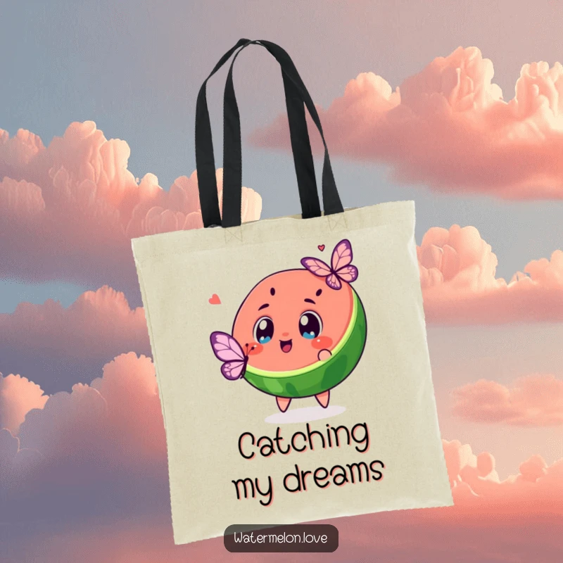 Funny kawaii watermelon slice with excited eyes chasing a butterfly, printed on a durable and humorous tote bag.