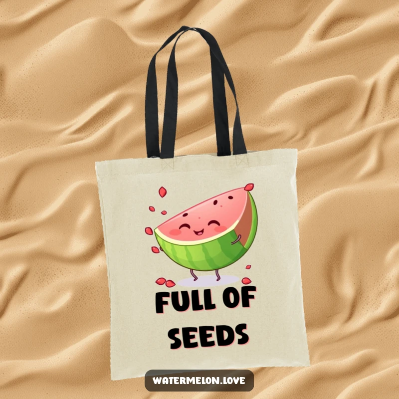Funny watermelon tote bag, a cheerful slice with tiny legs, energetically juggling seeds, ideal for groceries or beach days.
