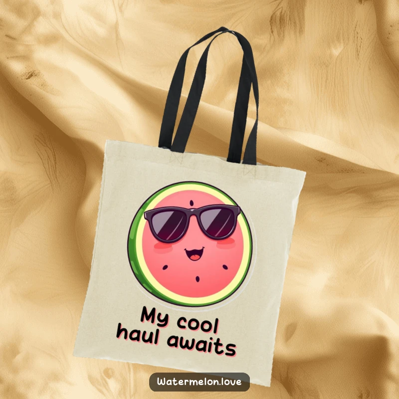 Funny watermelon slice wearing sunglasses, looking cool on a durable tote bag, a humorous and stylish gift.