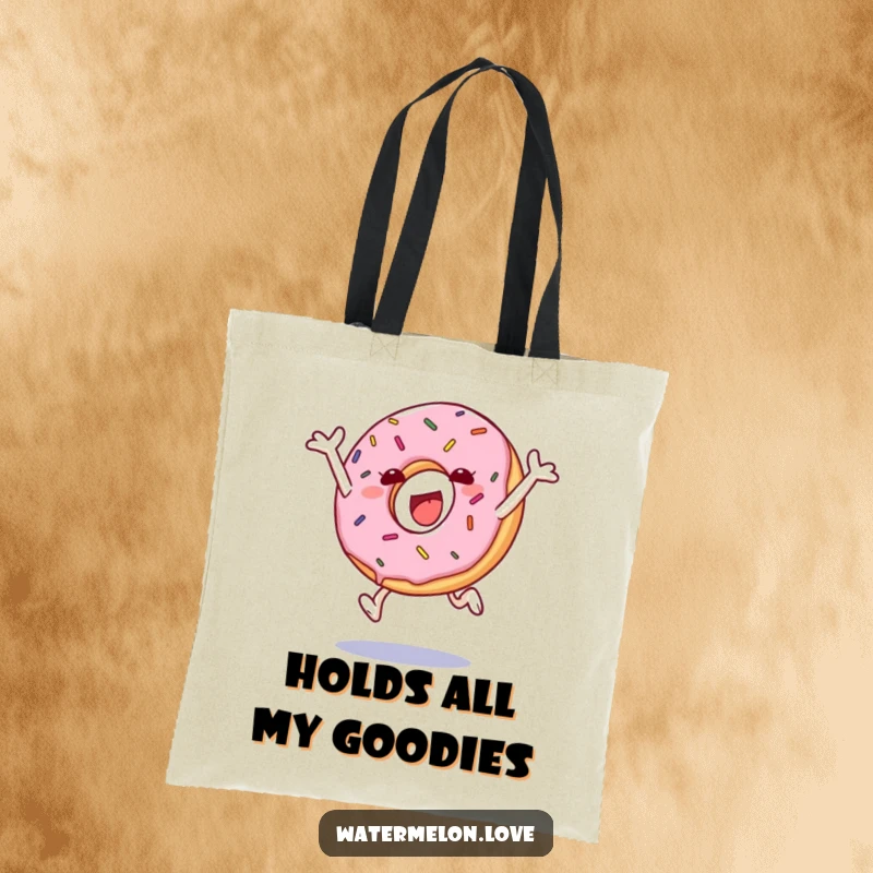 Funny tote bag featuring an anthropomorphic donut with sprinkles joyfully leaping, an adorable carry-all.