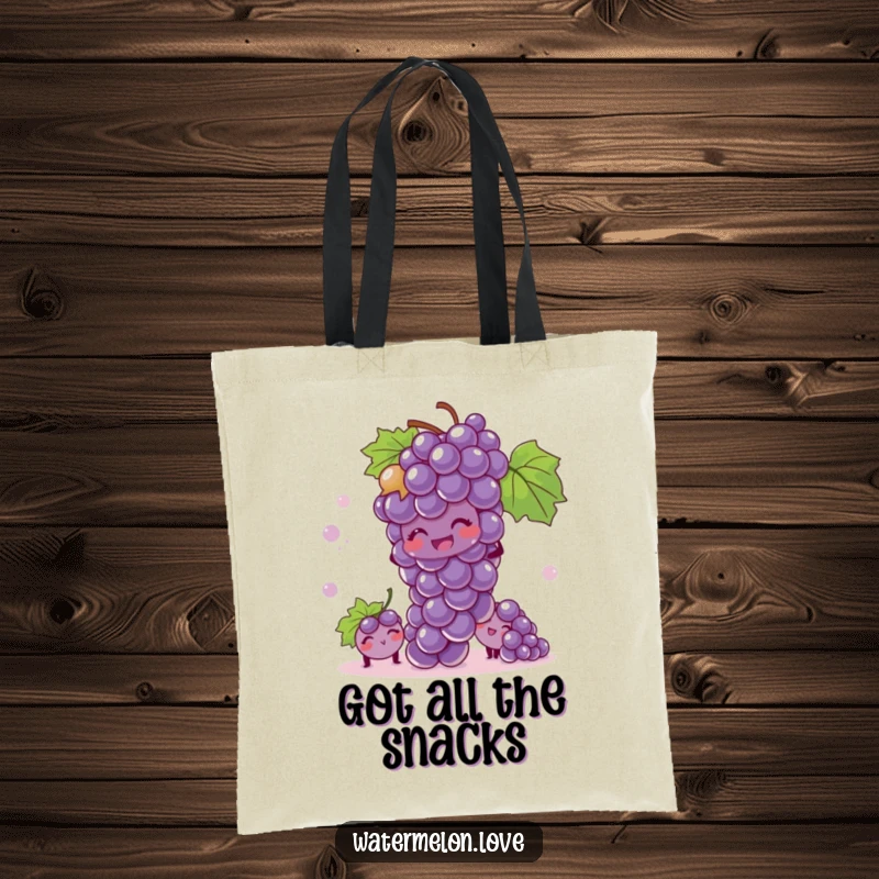 Funny tote bag with a giggling bunch of grapes playing hide-and-seek, perfect for carrying playful treasures.