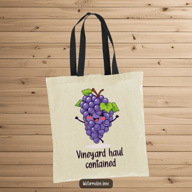 Funny tote bag featuring a smiling grape cluster performing a cartwheel, perfect for carrying items with a dose of fruity humor.