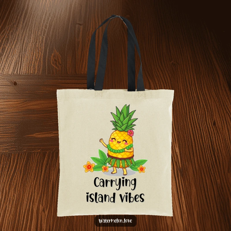 Funny Tote Bag: Pineapple character performing a lively hula, colorful and fun, a great funny gift.