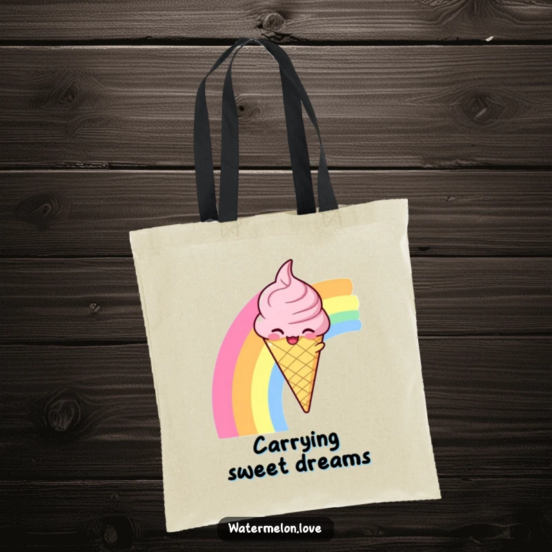 Funny tote bag featuring a winking anthropomorphic ice cream cone sliding down a rainbow, ready for errands.