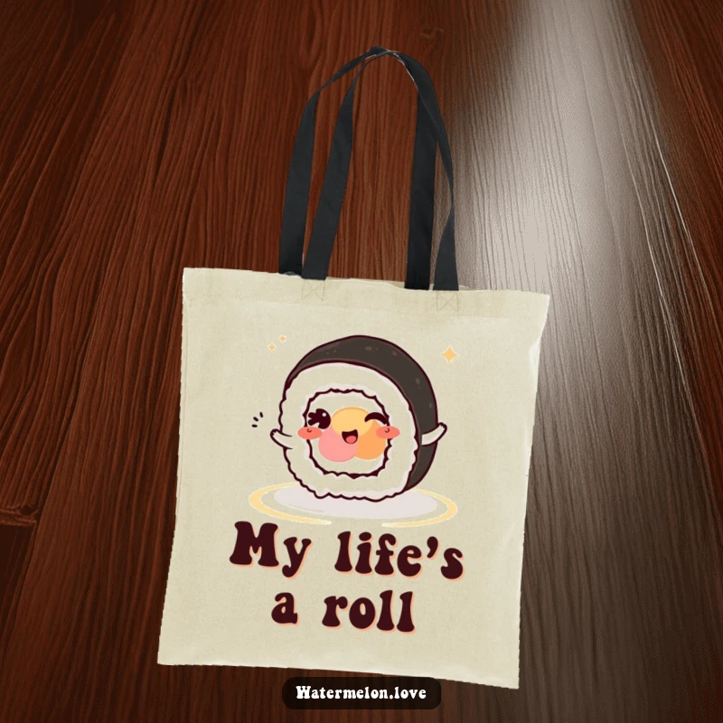 Funny Kawaii Sushi Roll Tote Bag: A winking sushi roll character rolling along, ready to carry your essentials with a smile.