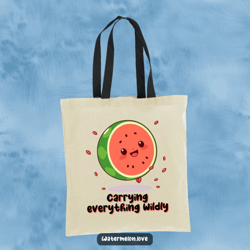 Funny tote bag showcasing a dynamic Kawaii watermelon character performing a cartwheel, seeds dispersed, ideal for carrying groceries with fruity flair.