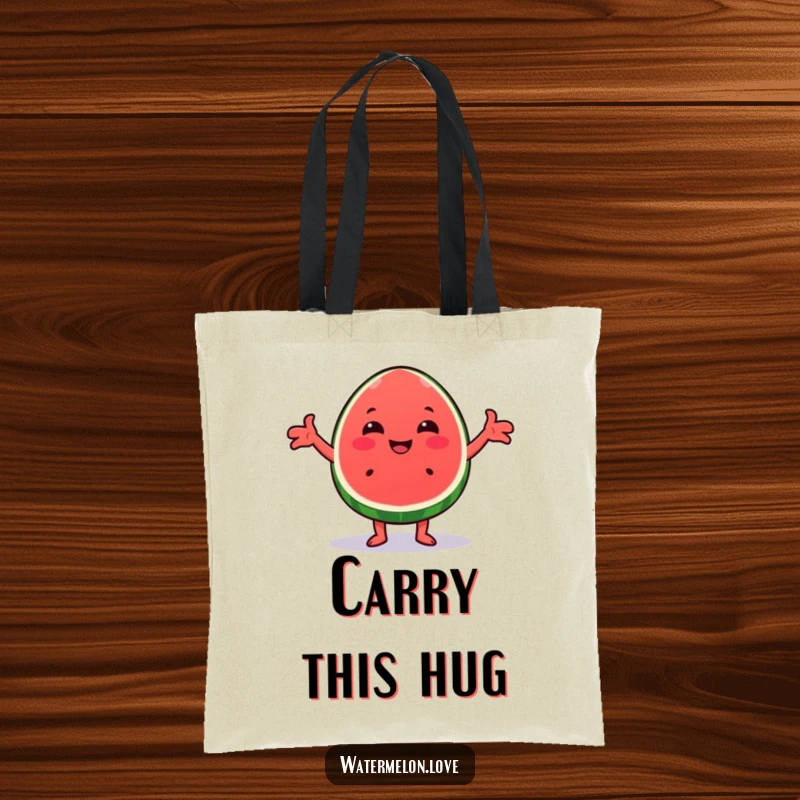 Funny Kawaii watermelon wedge tote bag, featuring a cute character offering a cheerful, open-armed hug for everyday use.